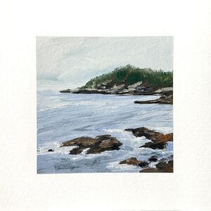 8x8 Maine Original Oil Painting Atlantic Ocean Rocks New England Coastal Signed